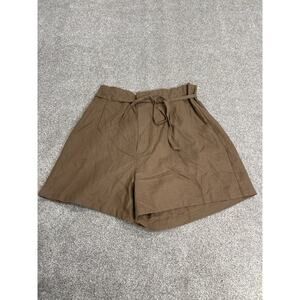 Neutral Earthtone Resort Linen Blend Paperbag Shorts L Brown High Rise Tie Waist